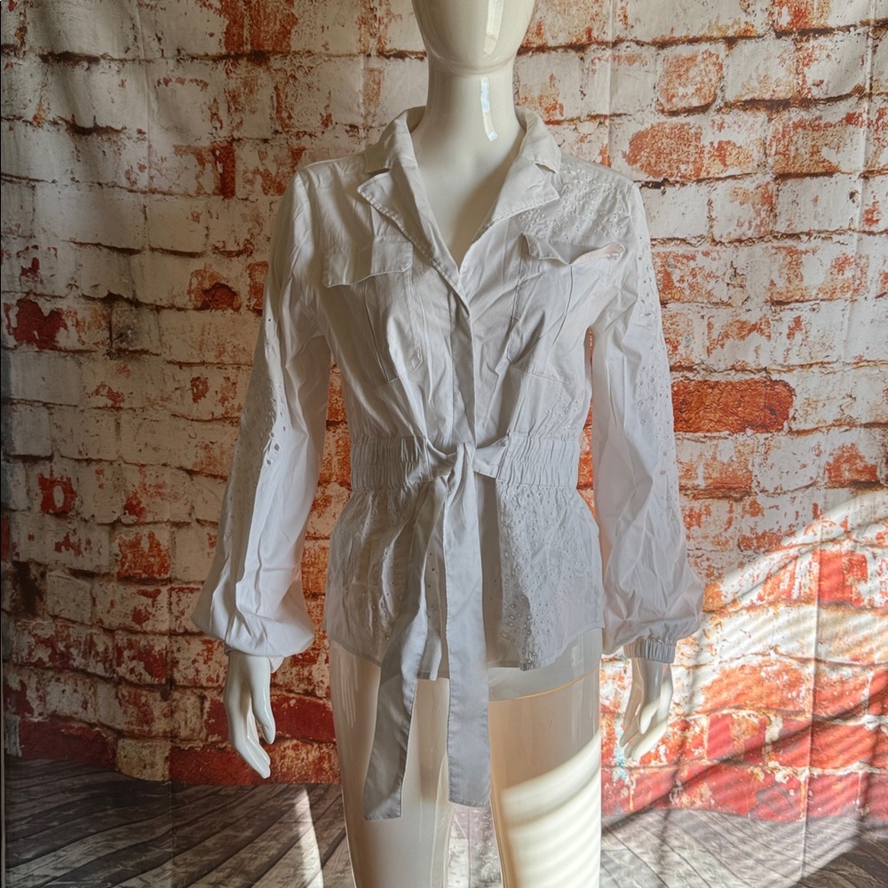 White House Black Market Tie-Waist Embroidered Poplin Shirt - Picture 3 of 7